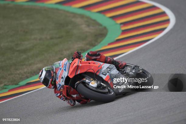 Jorge Lorenzo of Spain and Ducati Team rounds the bend during the MotoGp of Germany - Free Practice at Sachsenring Circuit on July 13, 2018 in...