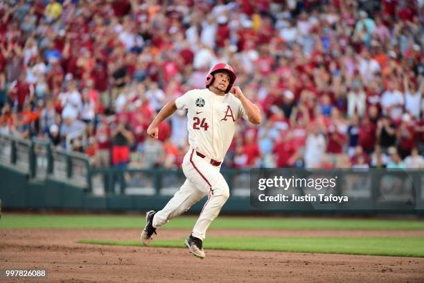 Dominic Fletcher of the Arkansas Razorbacks runs to third after a hit against the Oregon State Beavers during the Division I Men's Baseball...