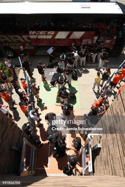 The Oregon State Beavers arrive to the stadium to face the Arkansas Razorbacks during the Division I Men's Baseball Championship held at TD...