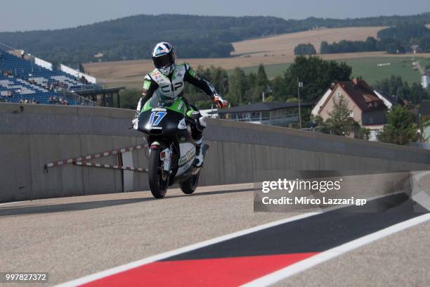 John McPhee of Great Britain and CIP Green Power greets the fans and returns in box during the MotoGp of Germany - Free Practice at Sachsenring...