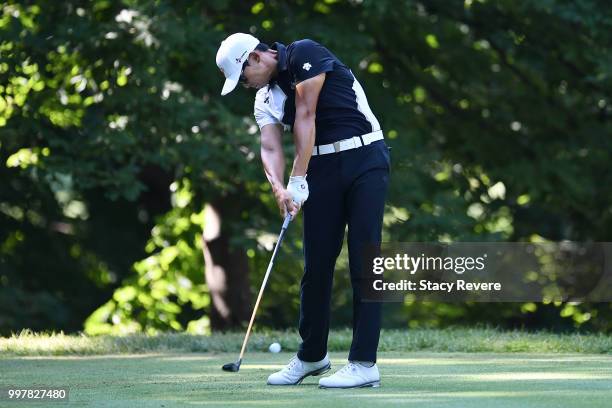 Whee Kim of Korea hits his tee shot on the sixth hole during the second round of the John Deere Classic at TPC Deere Run on July 13, 2018 in Silvis,...