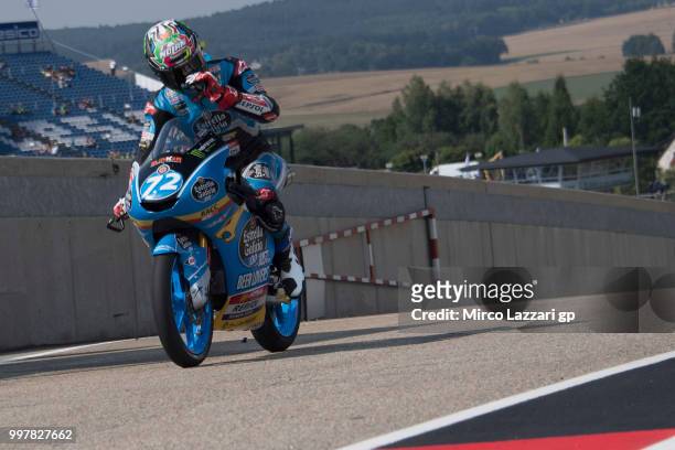 Alonso Lopez of Spain and Estrella Galicia 0,0 greets the fans and returns in box during the MotoGp of Germany - Free Practice at Sachsenring Circuit...