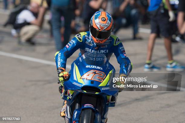 Alex Rins of Spain and Team Suzuki ECSTAR starts from box during the MotoGp of Germany - Free Practice at Sachsenring Circuit on July 13, 2018 in...