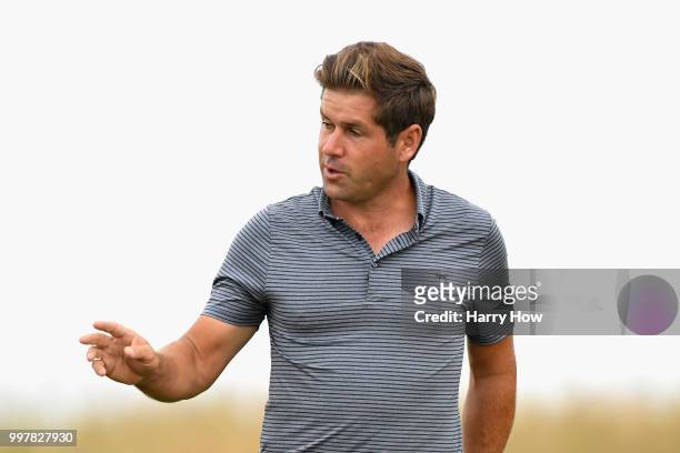 Robert Rock of England reacts to his birdie putt on hole sixteen during day two of the Aberdeen Standard Investments Scottish Open at Gullane Golf...