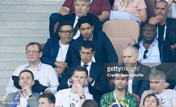 President of Paris Saint Germain Nasser Al-Khelaifi attends the 2018 FIFA World Cup Russia Semi Final match between England and Croatia at Luzhniki...