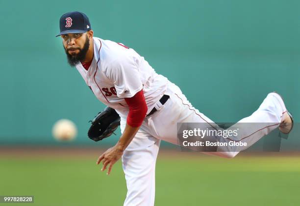 Boston Red Sox starting pitcher David Price fires a first inning pitch. The Boston Red Sox host the Toronto Blue Jays in a regular season MLB...