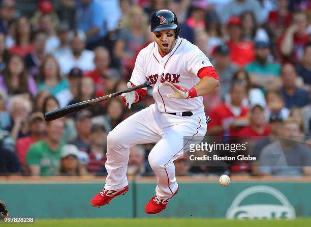 Boston Red Sox new first baseman Steve Pearce gets hit with a first inning pitch. He left the game in the second inning. The Boston Red Sox host the...