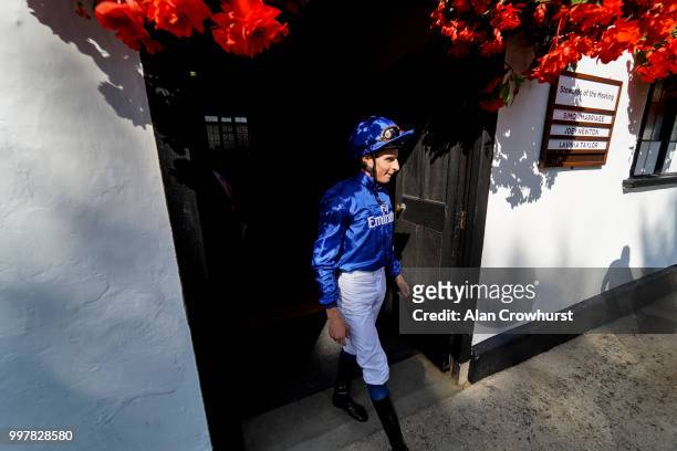William Buick leaves the weighing room at Newmarket Racecourse on July 13, 2018 in Newmarket, United Kingdom.