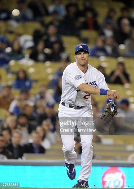 Casey Blake of the Los Angeles Dodgers makes a throw to first against the Milwaukee Brewers at Dodger Stadium on May 5, 2010 in Los Angeles,...