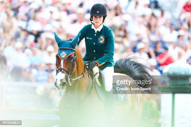 Jessica Springsteen competes in the Paris Eiffel Jumping in the Champ de Mars on July 7, 2018 in Paris, France.