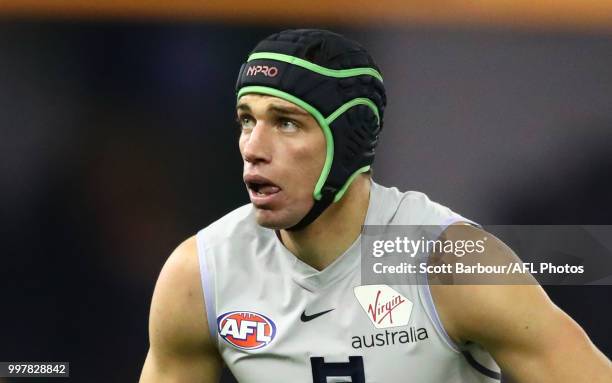 Matthew Kreuzer of the Blues looks on during the round 17 AFL match between the St Kilda Saints and the Carlton Blues at Etihad Stadium on July 13,...