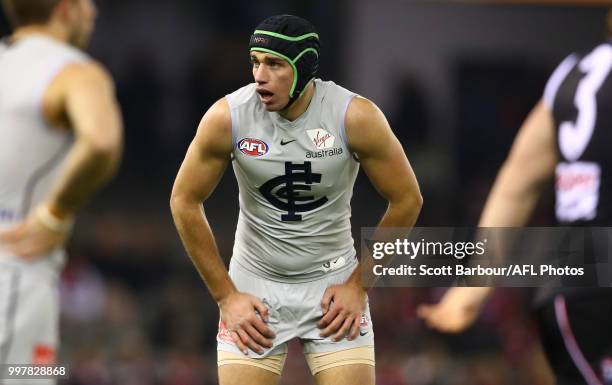 Matthew Kreuzer of the Blues looks on during the round 17 AFL match between the St Kilda Saints and the Carlton Blues at Etihad Stadium on July 13,...