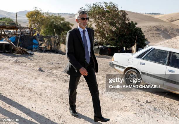 Pierre Cochard, French Consul General to Jerusalem, arrives to visit the Palestinian Bedouin village of Khan al-Ahmar, east of Jerusalem in the...