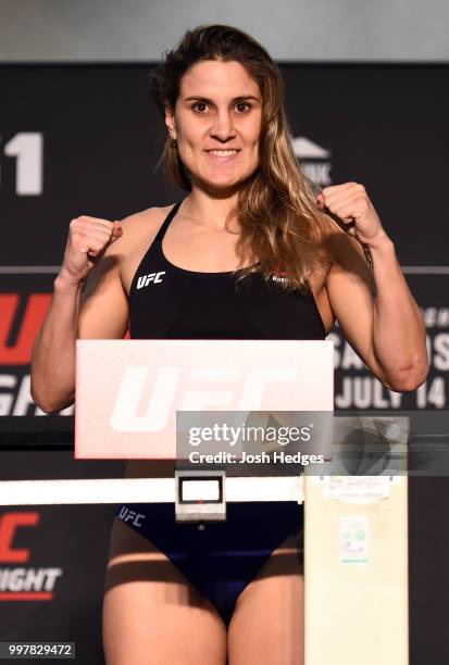 Jennifer Maia of Brazil poses on the scale during the UFC Fight Night weigh-in at The Grove Hotel on July 13, 2018 in Boise, Idaho.