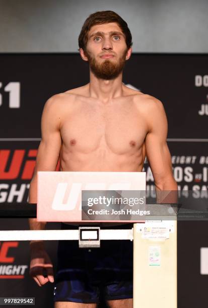 Said Nurmagomedov of Russia poses on the scale during the UFC Fight Night weigh-in at The Grove Hotel on July 13, 2018 in Boise, Idaho.