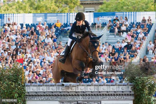 Jessica Springsteen of United States riding RMF Zecilie competes in the Paris Eiffel Jumping in the Champ de Mars on July 7, 2018 in Paris, France.