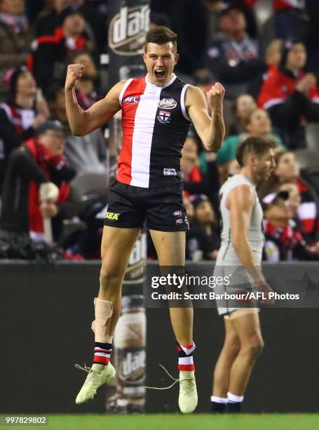 Rowan Marshall of the Saints celebrates after kicking a goal during the round 17 AFL match between the St Kilda Saints and the Carlton Blues at...