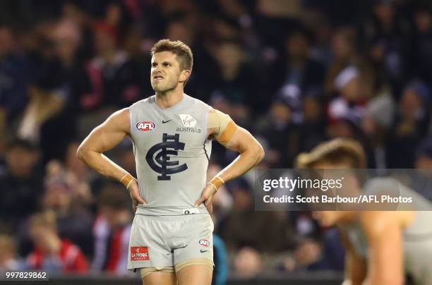 Marc Murphy of the Blues reacts at the full time siren during the round 17 AFL match between the St Kilda Saints and the Carlton Blues at Etihad...