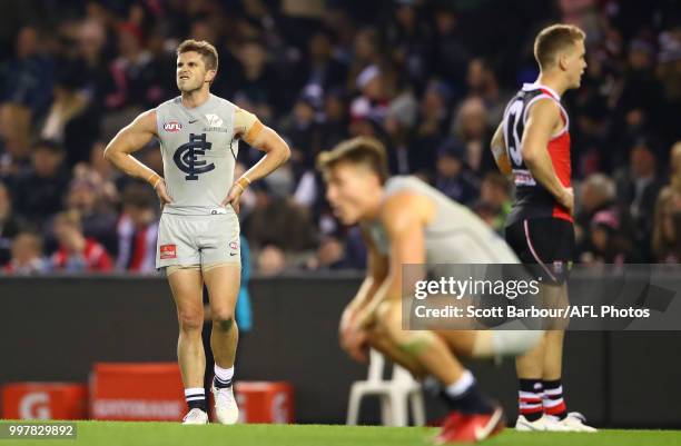 Marc Murphy of the Blues reacts at the full time siren during the round 17 AFL match between the St Kilda Saints and the Carlton Blues at Etihad...