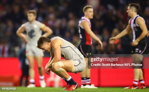 Patrick Cripps of the Blues reacts at the full time siren during the round 17 AFL match between the St Kilda Saints and the Carlton Blues at Etihad...