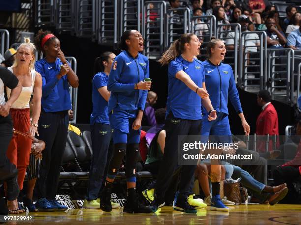 The Dallas Wings shows emotion during the game against the Los Angeles Sparks on July 12, 2018 at STAPLES Center in Los Angeles, California. NOTE TO...