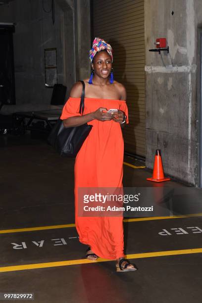 Nneka Ogwumike of the Los Angeles Sparks arrives at the arena before the game against the Dallas Wings on July 12, 2018 at STAPLES Center in Los...