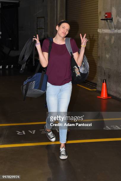 Sydney Wiese of the Los Angeles Sparks arrives at the arena before the game against the Dallas Wings on July 12, 2018 at STAPLES Center in Los...