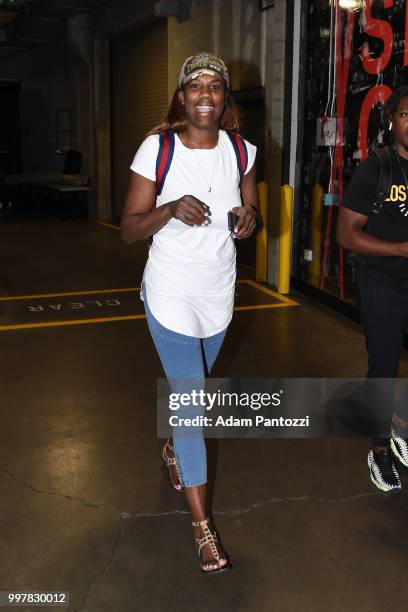 Jantel Lavender of the Los Angeles Sparks arrives at the arena before the game against the Dallas Wings on July 12, 2018 at STAPLES Center in Los...