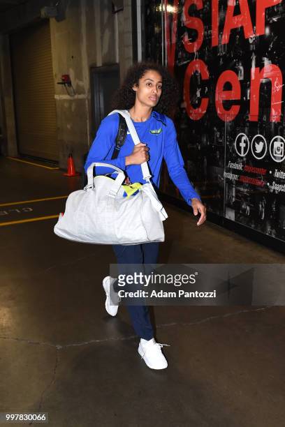 Skylar Diggins-Smith of the Dallas Wings arrives at the arena before the game against the Los Angeles Sparks on July 12, 2018 at STAPLES Center in...