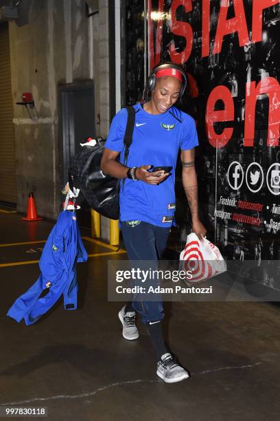 Glory Johnson of the Dallas Wings arrives at the arena before the game against the Los Angeles Sparks on July 12, 2018 at STAPLES Center in Los...