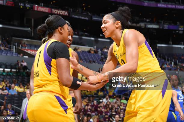 Candace Parker of the Los Angeles Sparks with teammates during the game against the Dallas Wings on July 12, 2018 at STAPLES Center in Los Angeles,...