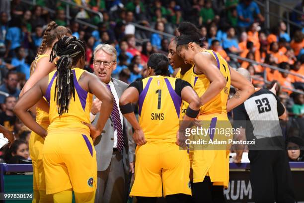 Brian Agler of the Los Angeles Sparks talks to his team during the game against the Dallas Wings on July 12, 2018 at STAPLES Center in Los Angeles,...