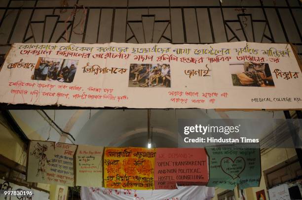 Placards seen during the strike by the students of Medical College and Hospital, as they are on 70 hours indefinite hunger strike demanding a new...