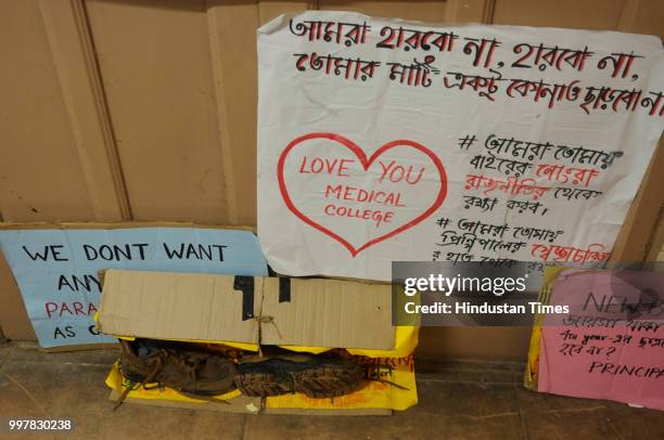 Placards seen during the strike by the students of Medical College and Hospital, as they are on 70 hours indefinite hunger strike demanding a new...