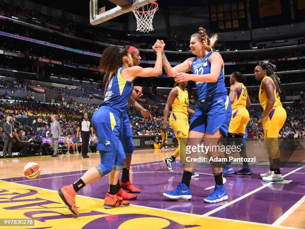 Cayla George of the Dallas Wings celebrates during the game Los Angeles Sparks on July 12, 2018 at STAPLES Center in Los Angeles, California. NOTE TO...