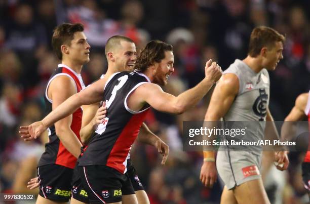 Jack Steven of the Saints celebrates after kicking a goal during the round 17 AFL match between the St Kilda Saints and the Carlton Blues at Etihad...