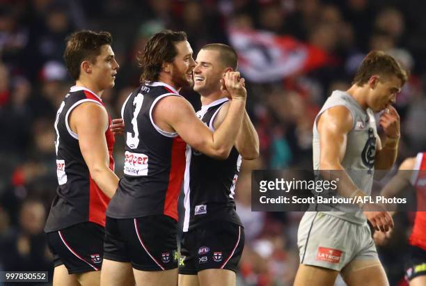 Jack Steven of the Saints celebrates after kicking a goal during the round 17 AFL match between the St Kilda Saints and the Carlton Blues at Etihad...