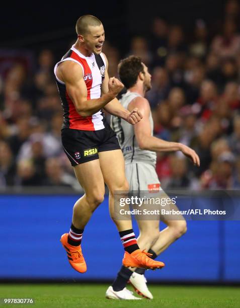 Jack Sinclair of the Saints celebrates after kicking a goal during the round 17 AFL match between the St Kilda Saints and the Carlton Blues at Etihad...