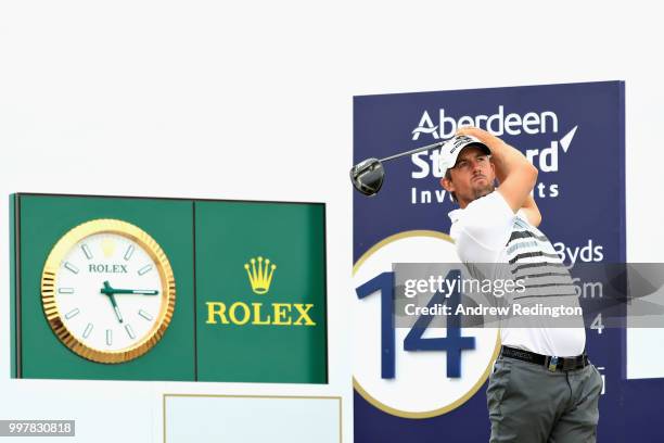 Alexander Bjork of Sweden takes his tee shot on hole fourteen during day two of the Aberdeen Standard Investments Scottish Open at Gullane Golf...