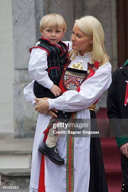 Prince Sverre Magnus of Norway and Crown Princess Mette-Marit of Norway attend The Children's Parade on Norway's National Day on May 17, 2010 in...