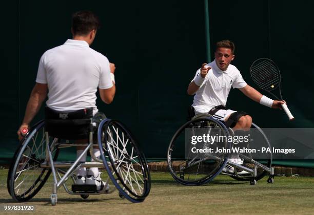 Alfie Hewett and Gordon Reid in action in the doubles on day eleven of the Wimbledon Championships at the All England Lawn Tennis and Croquet Club,...