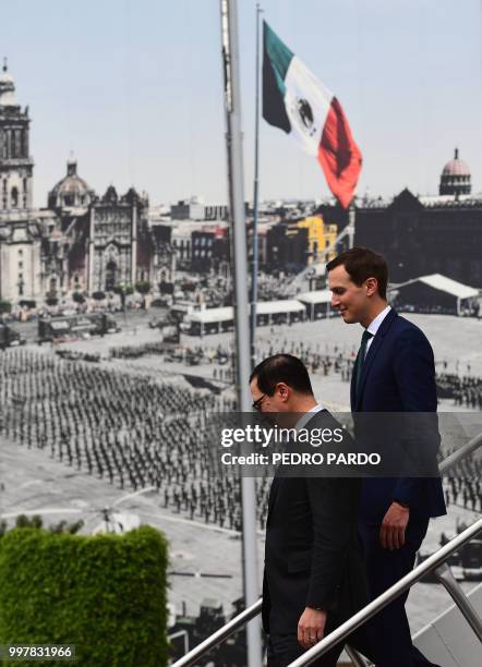 White House advisor Jared Kushner and US Treasury Secretary Steven Mnuchin, disembark from their plane at Benito Juarez International Airport in...