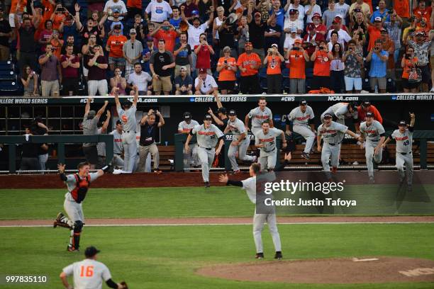 The Oregon State Beavers celebrate winning the national title against the Arkansas Razorbacks during the Division I Men's Baseball Championship held...