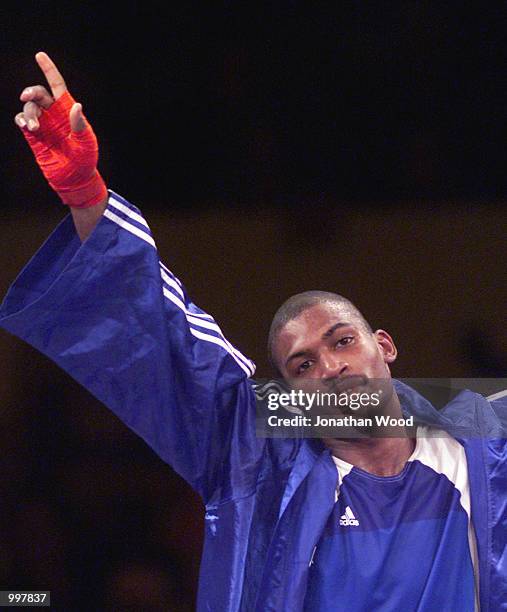 Yohason Martinez of Cuba celebrates his victory against opponent Grigore Rasco of Romania during the 81 kg Gold Medal bout held at the South Bank...