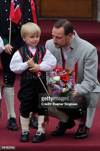 Prince Sverre Magnus of Norway and Crown Prince Haakon of Norway attend The Children's Parade on Norway's National Day on May 17, 2010 in Asker,...