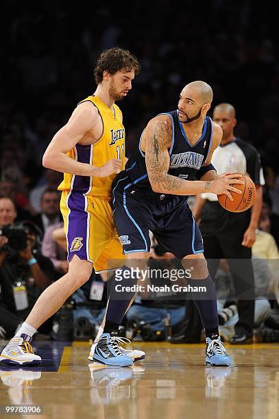Carlos Boozer of the Utah Jazz posts up against Pau Gasol of the Los Angeles Lakers in Game Two of the Western Conference Semifinals during the 2010...
