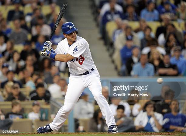 Casey Blake of the Los Angeles Dodgers at bat against the Milwaukee Brewers at Dodger Stadium on May 5, 2010 in Los Angeles, California.