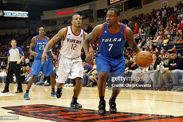 Wink Adams of theTulsa 66ers dribbles against Will Conroy of the Rio Grande Valley Vipers in Game Two of the 2010 NBA D-League Finals at the State...