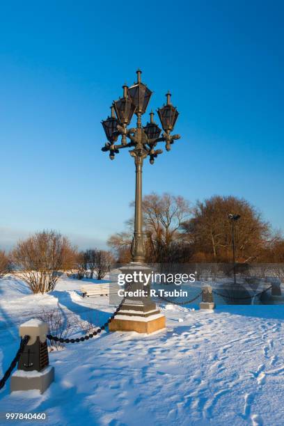 antique frosty lamppost and beautiful snow covered branches against the azure sky - antique lightbulb stockfoto's en -beelden