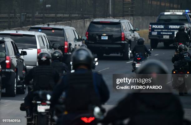 The convoy of US Secretary of State Mike Pompeo, heads to Los Pinos presidential palace, after the delegation arrival at Benito Juarez International...